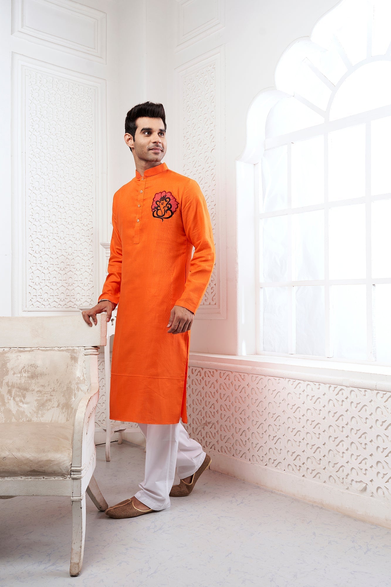 Proud Orange Ganesha Embroidery Linen Kurta