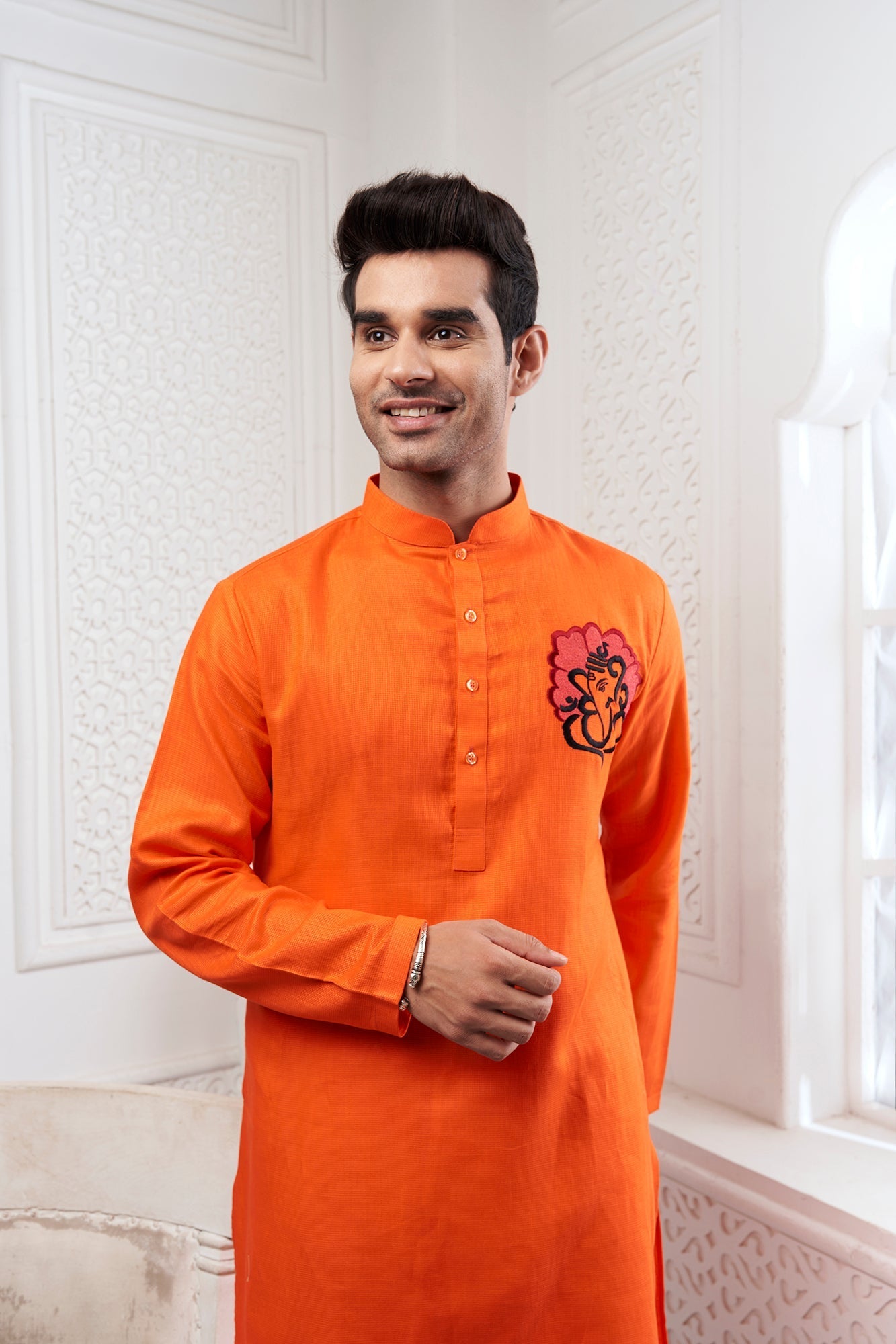Proud Orange Ganesha Embroidery Linen Kurta