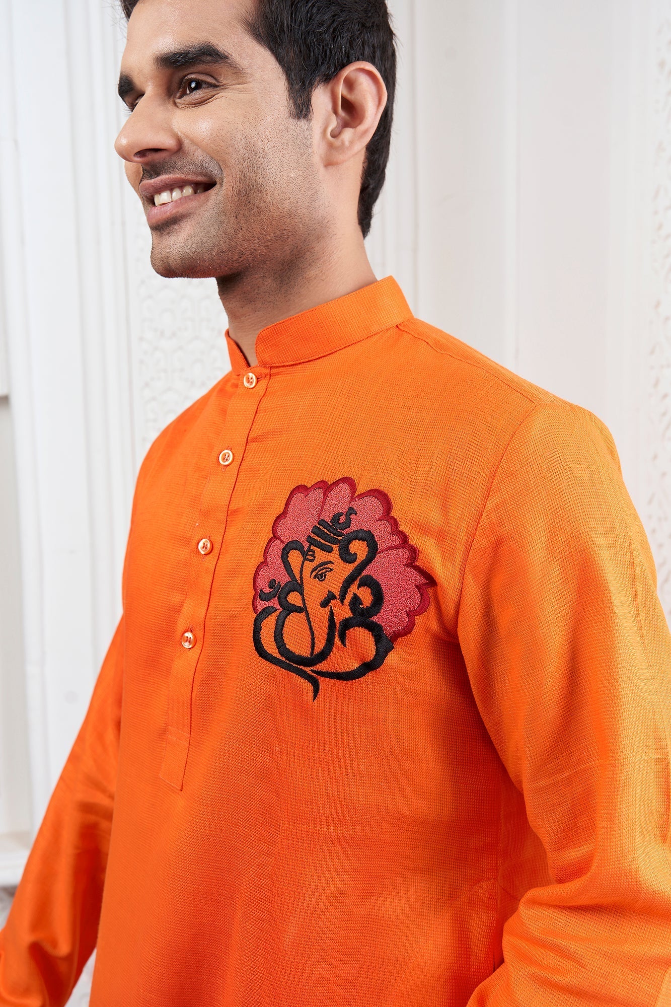 Proud Orange Ganesha Embroidery Linen Kurta