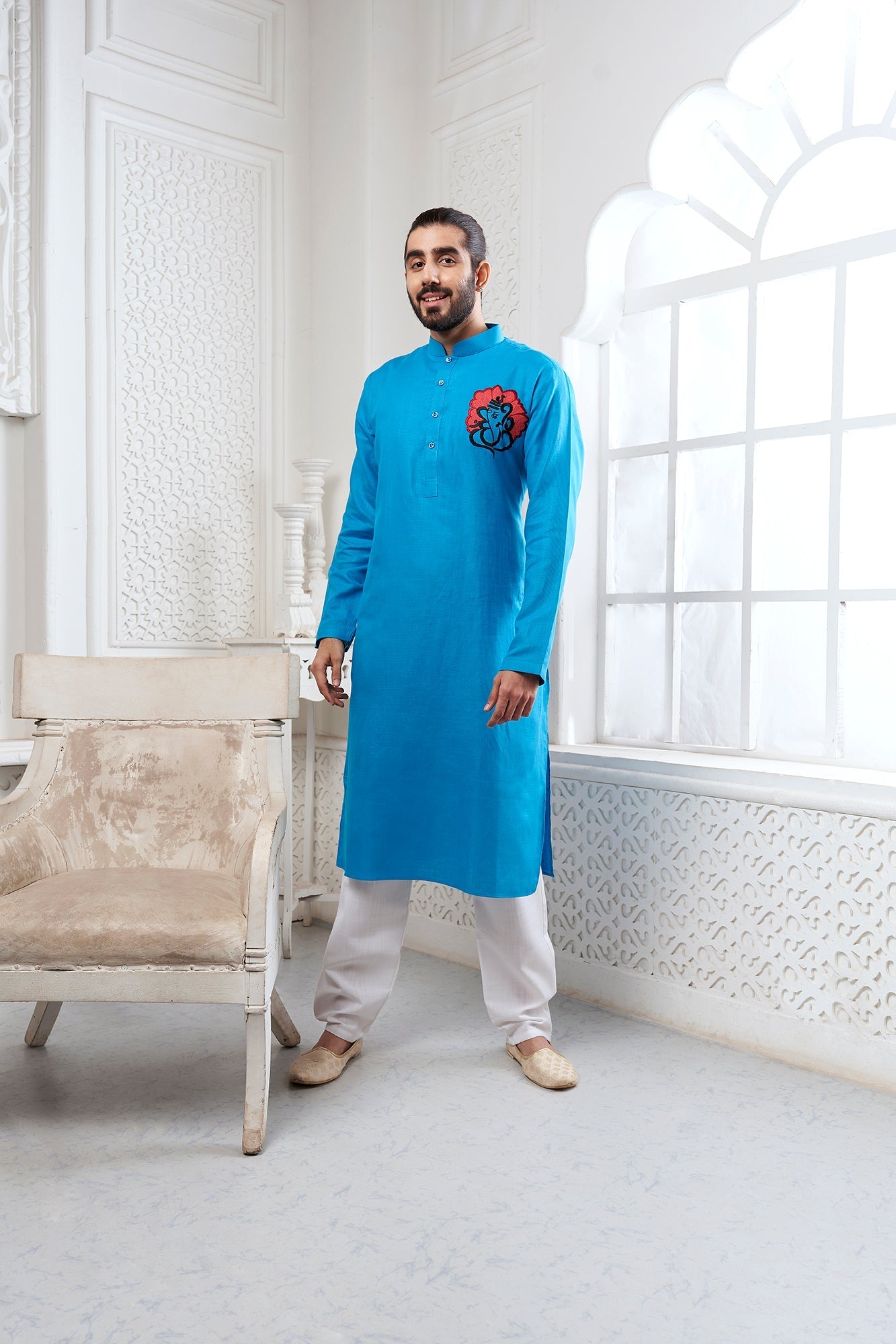 Proud Light Blue Ganesha Embroidery Linen Kurta