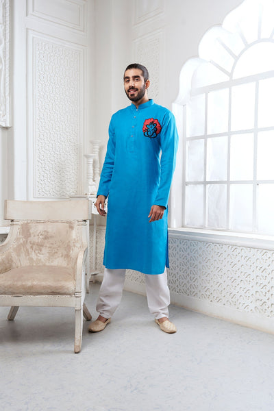 Proud Light Blue Ganesha Embroidery Linen Kurta