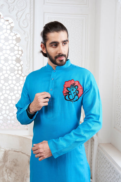 Proud Light Blue Ganesha Embroidery Linen Kurta