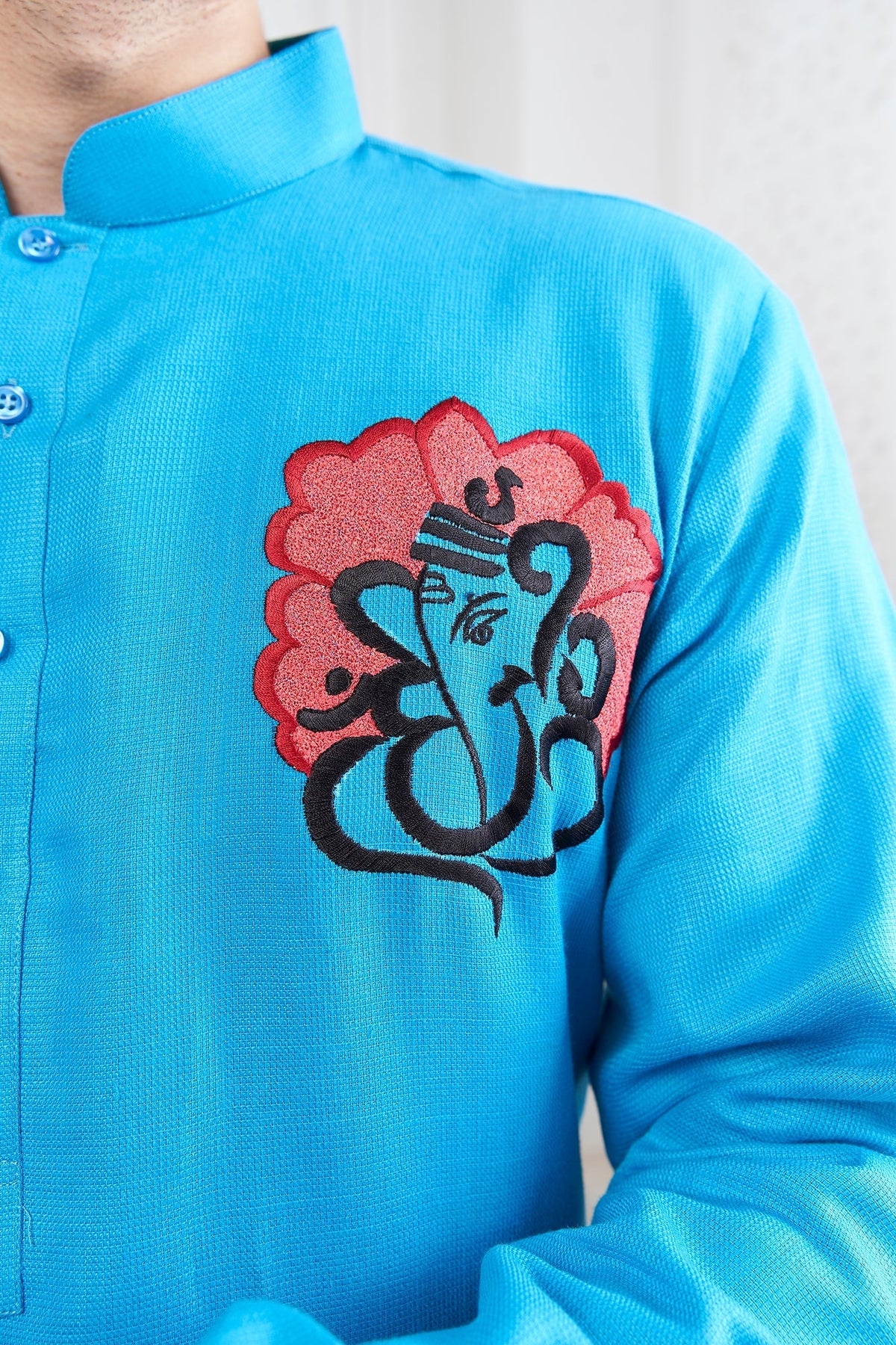 Proud Light Blue Ganesha Embroidery Linen Kurta