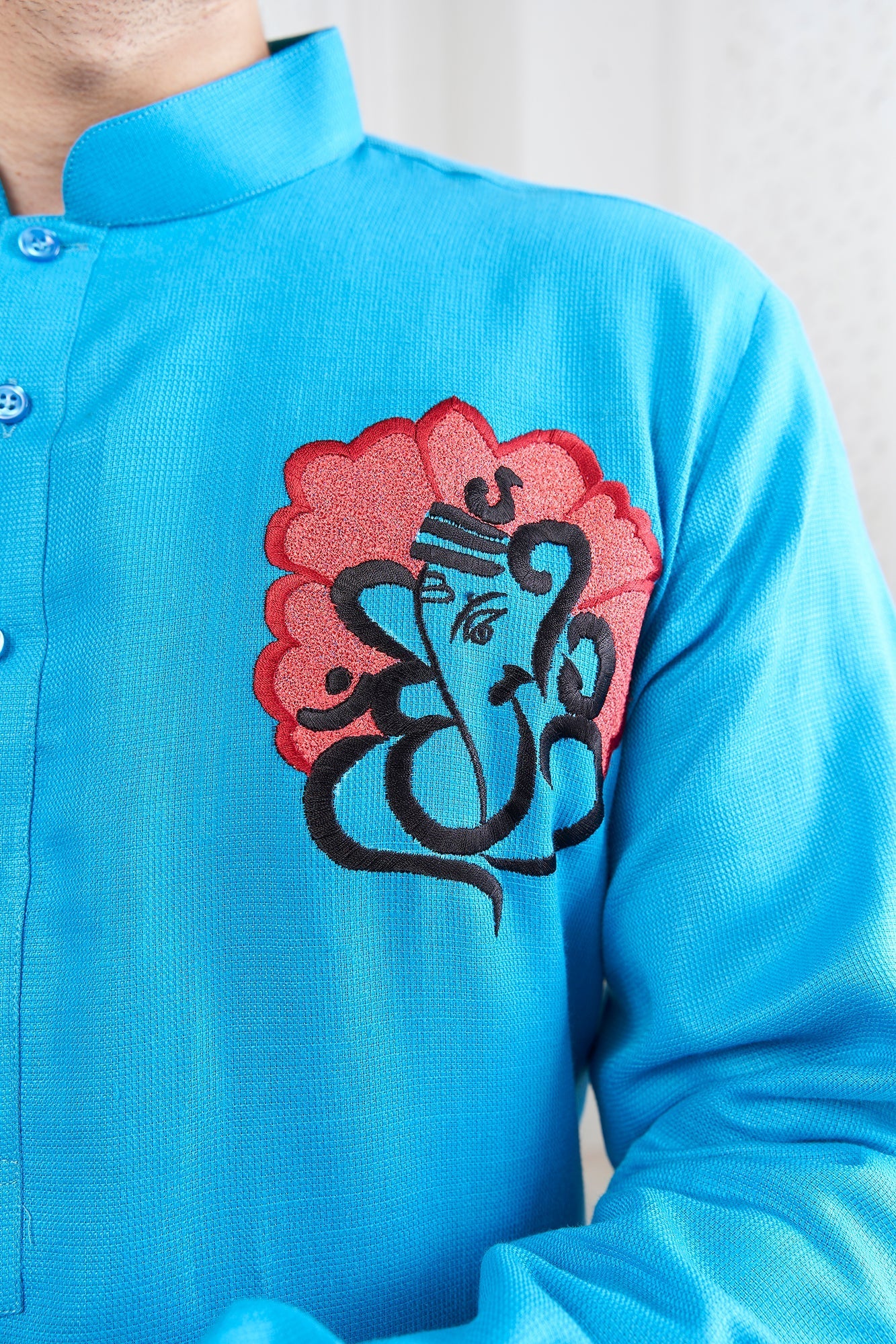 Proud Light Blue Ganesha Embroidery Linen Kurta