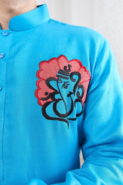 Proud Light Blue Ganesha Embroidery Linen Kurta