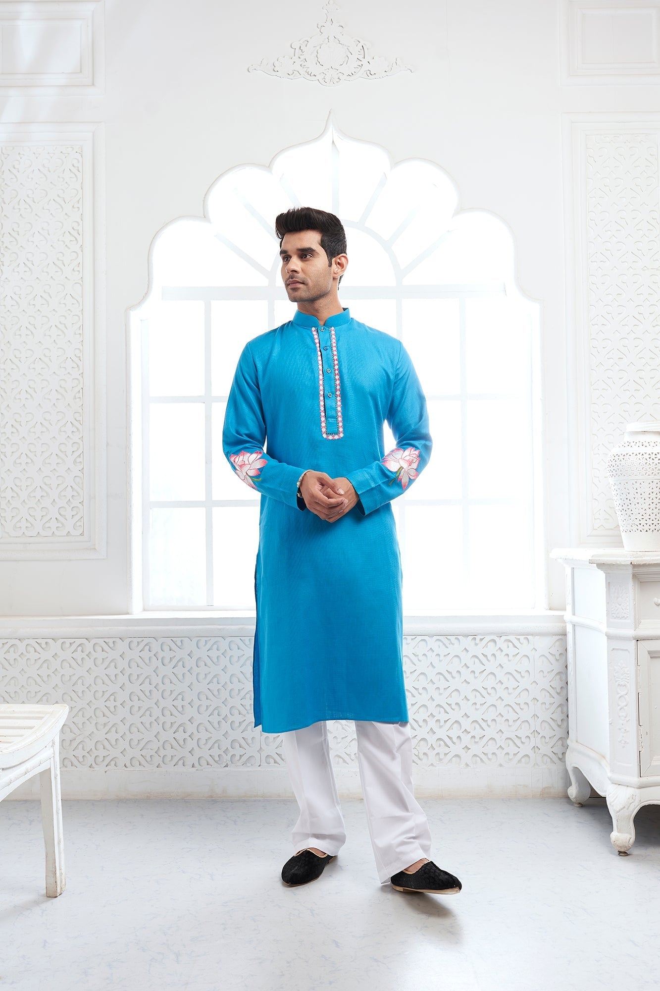 Light Blue Lotus Embroidery Linen Kurta