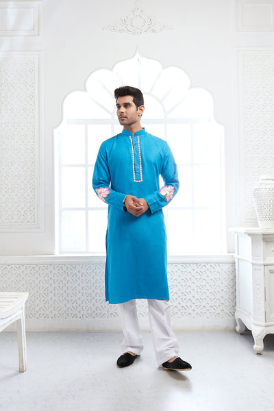 Light Blue Lotus Embroidery Linen Kurta