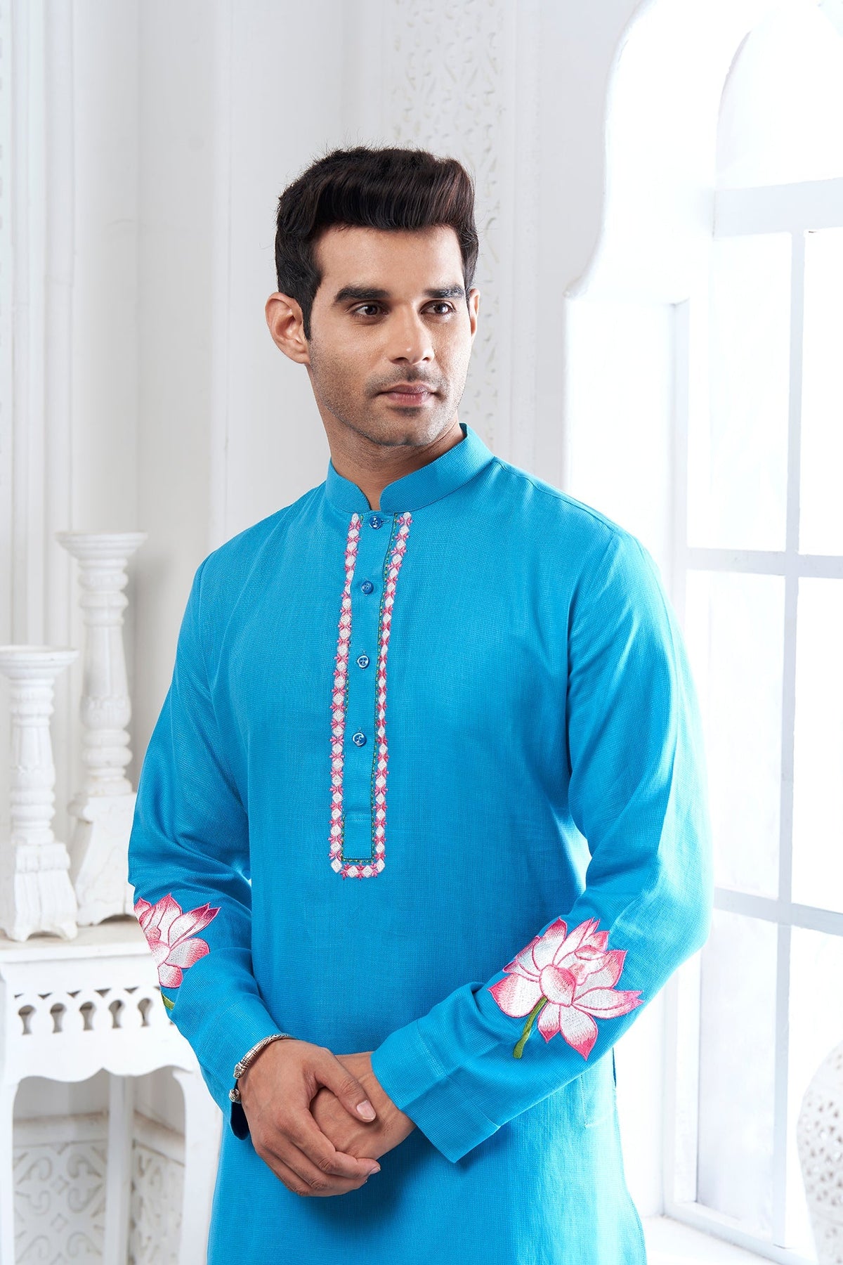 Light Blue Lotus Embroidery Linen Kurta