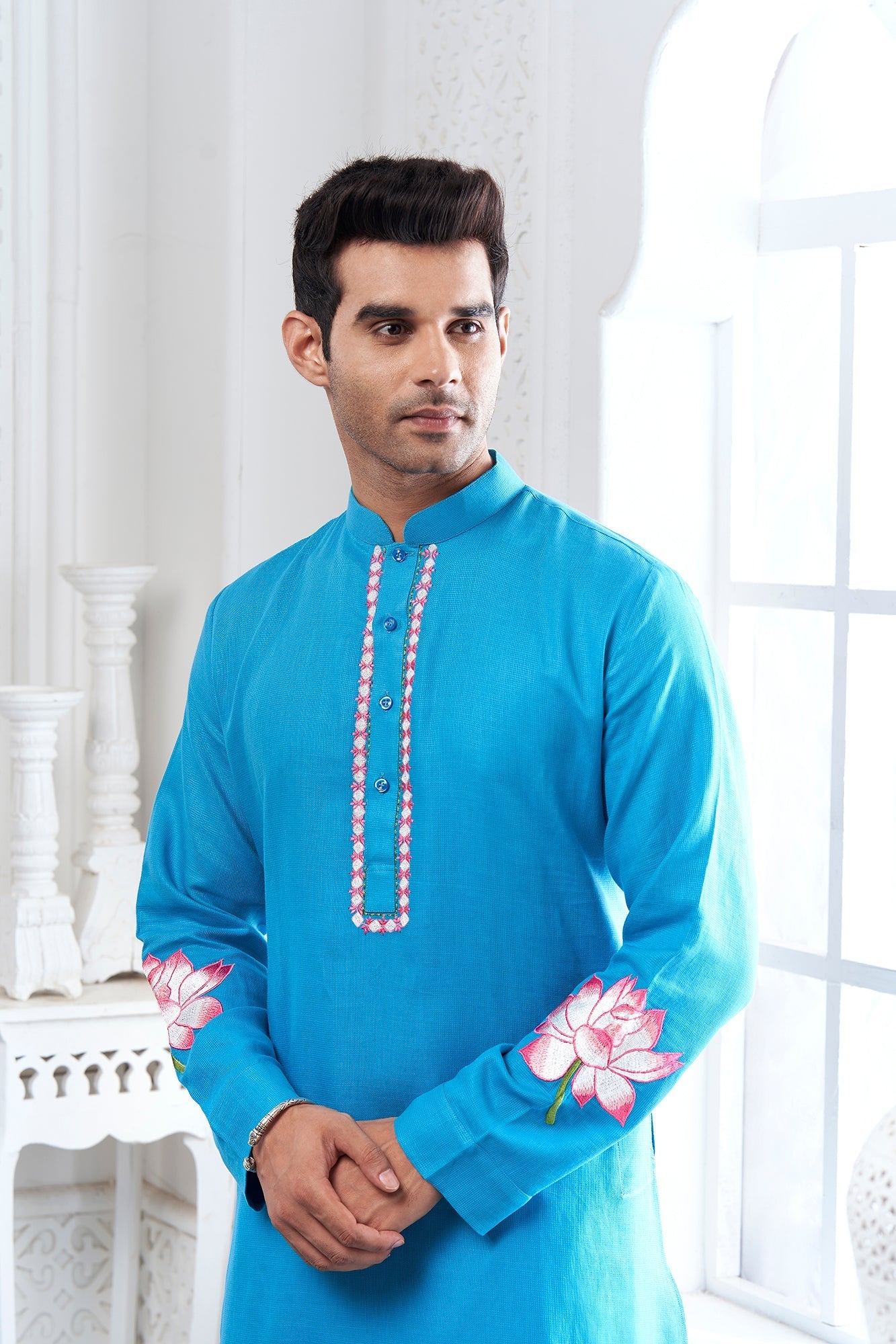 Light Blue Lotus Embroidery Linen Kurta