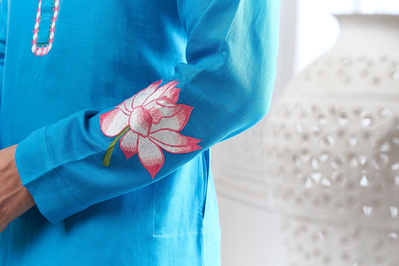 Light Blue Lotus Embroidery Linen Kurta