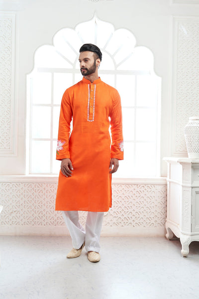 Orange Lotus Embroidery Linen Kurta