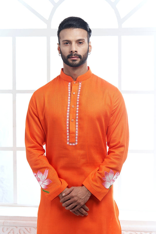 Orange Lotus Embroidery Linen Kurta