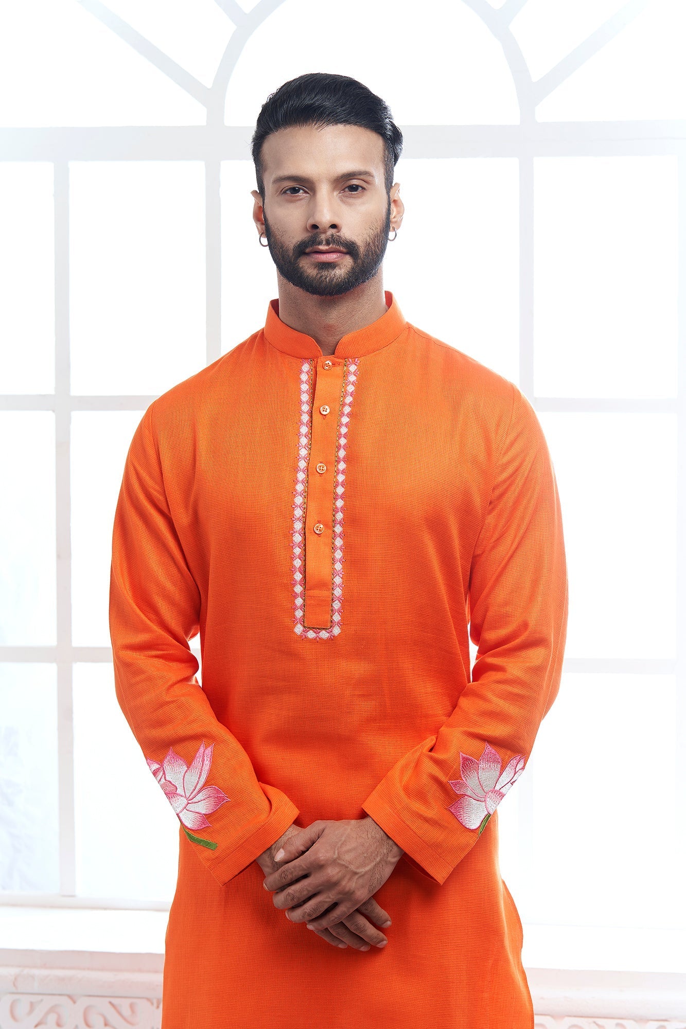 Orange Lotus Embroidery Linen Kurta
