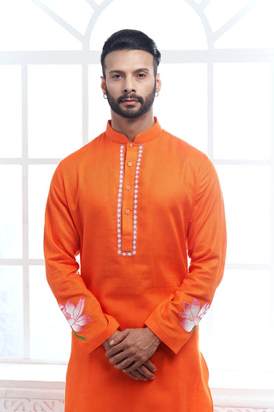 Orange Lotus Embroidery Linen Kurta