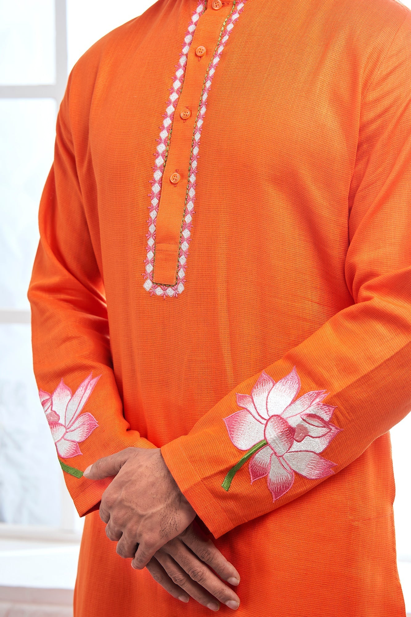 Orange Lotus Embroidery Linen Kurta