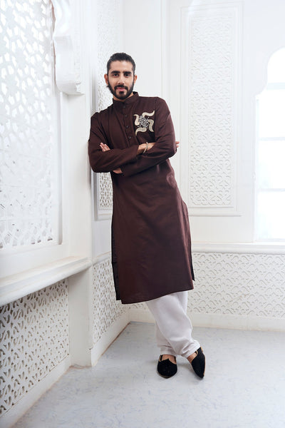 Dark Brown Ganesha Embroidery Linen Kurta