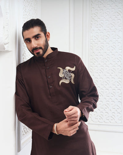 Dark Brown Ganesha Embroidery Linen Kurta