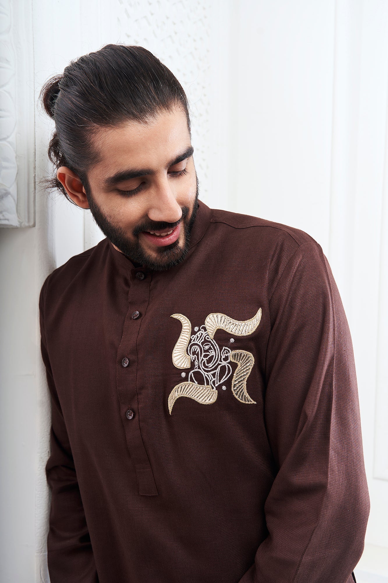 Dark Brown Ganesha Embroidery Linen Kurta