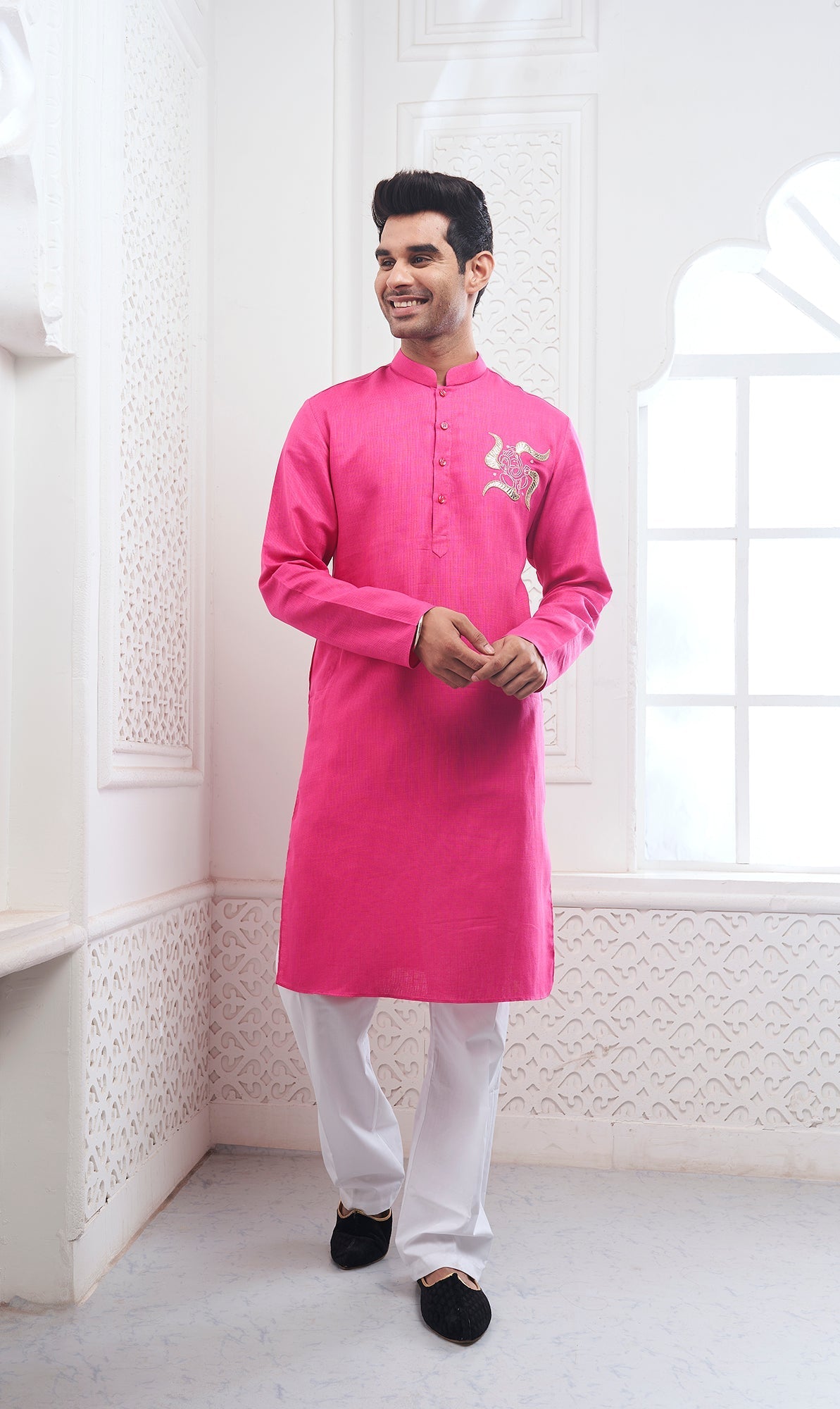 Pink Ganesha Embroidery Linen Kurta