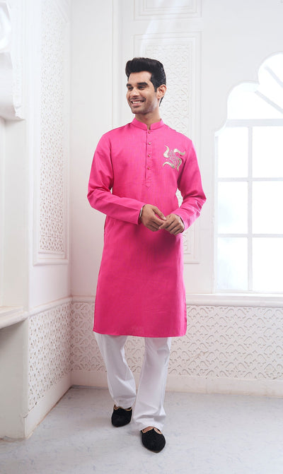 Pink Ganesha Embroidery Linen Kurta