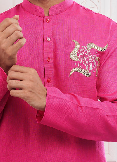 Pink Ganesha Embroidery Linen Kurta