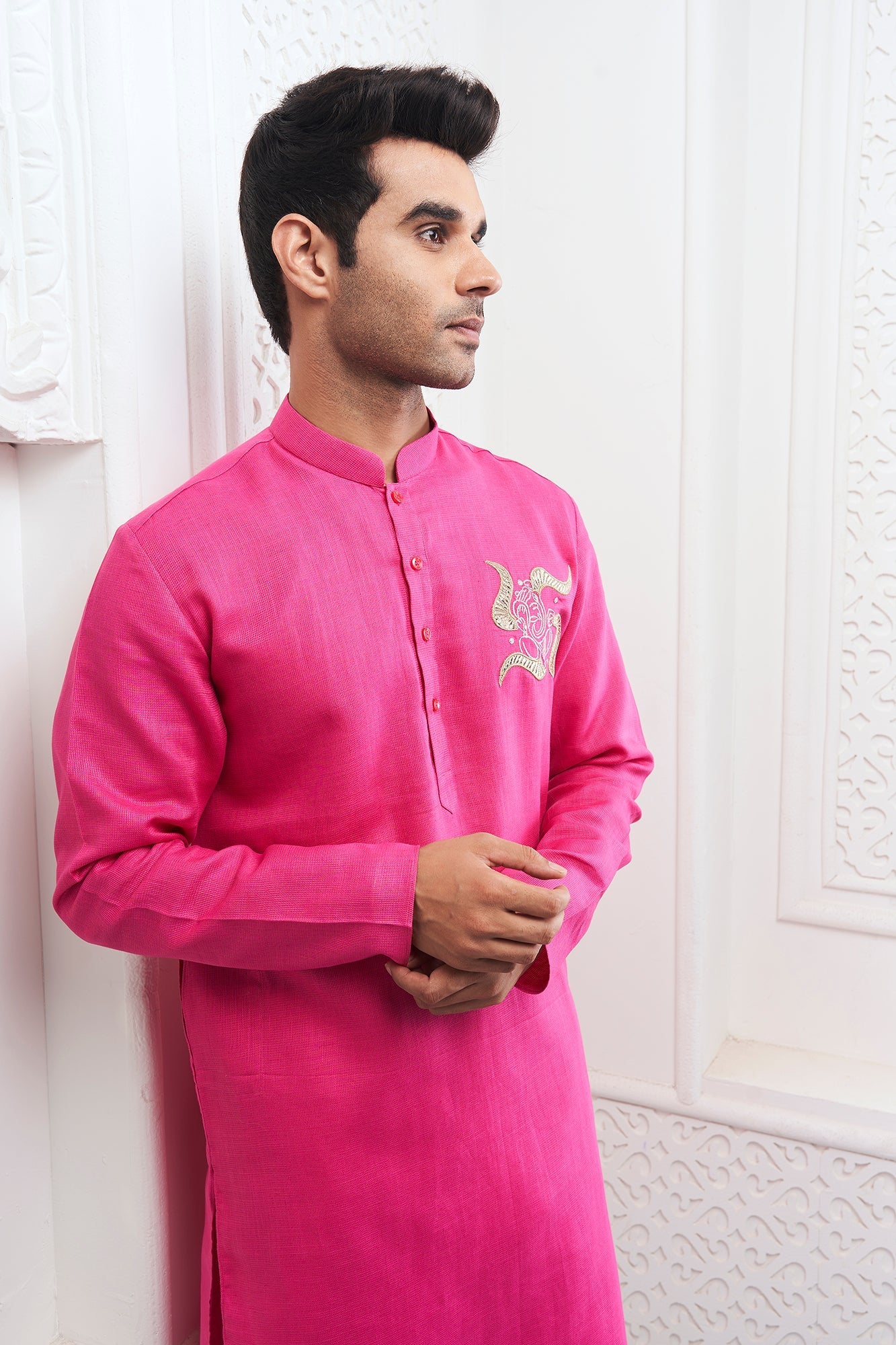 Pink Ganesha Embroidery Linen Kurta