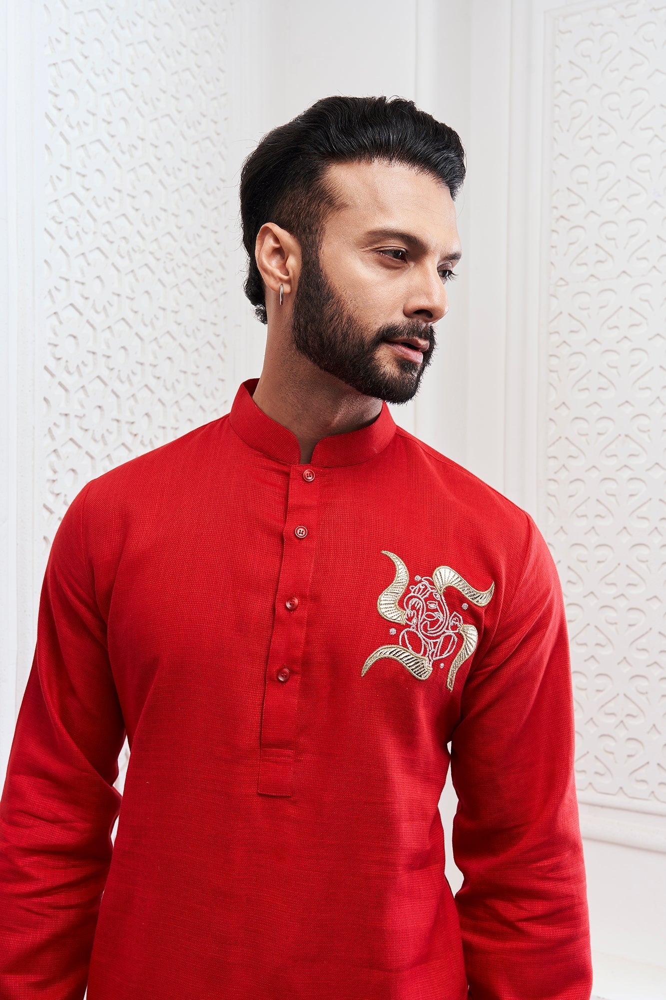 Red Ganesha Embroidery Linen Kurta