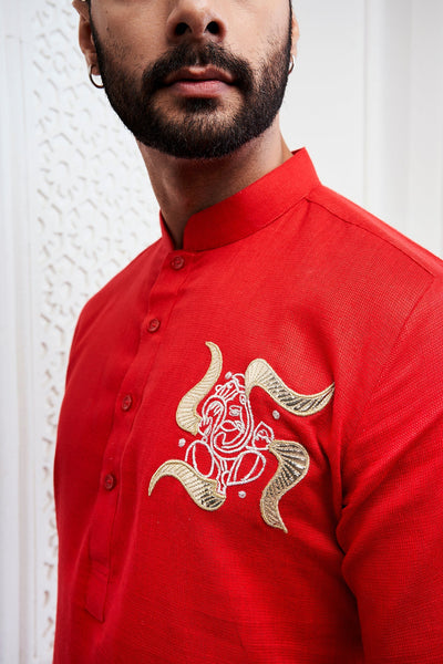 Red Ganesha Embroidery Linen Kurta