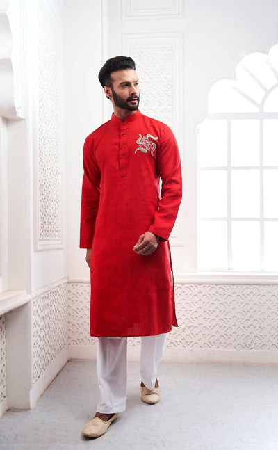 Red Ganesha Embroidery Linen Kurta