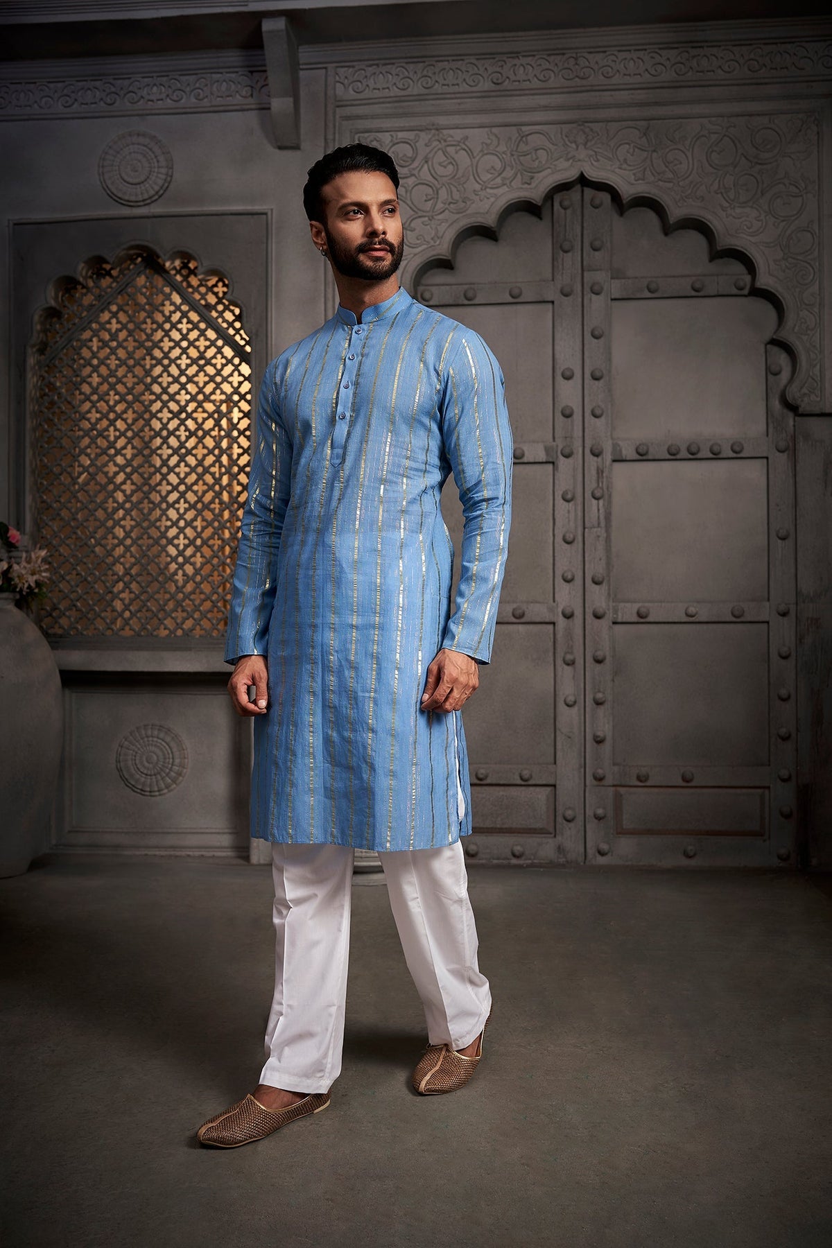 Light Blue Stripes Cotton Weave Kurta