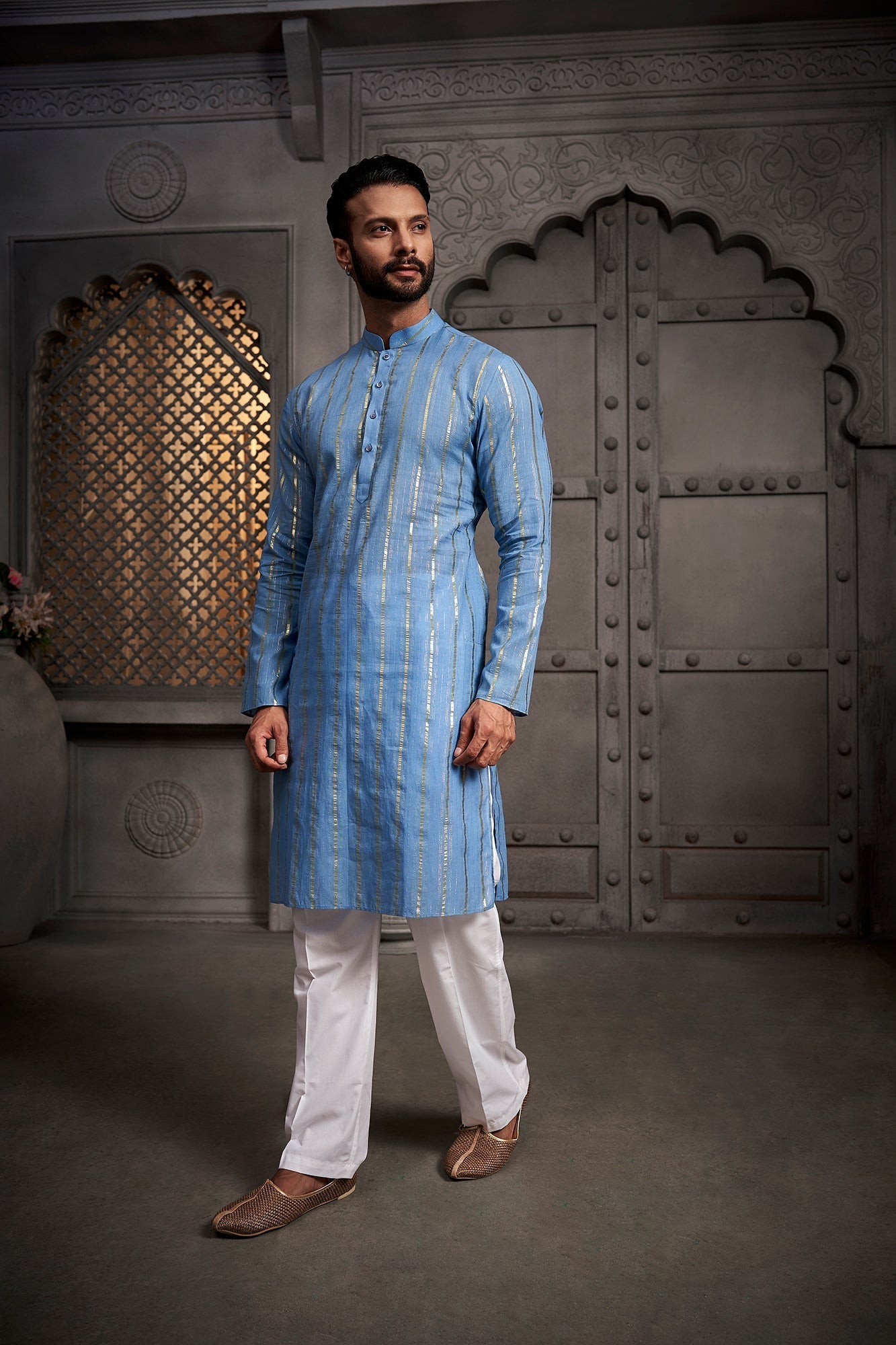 Light Blue Stripes Cotton Weave Kurta