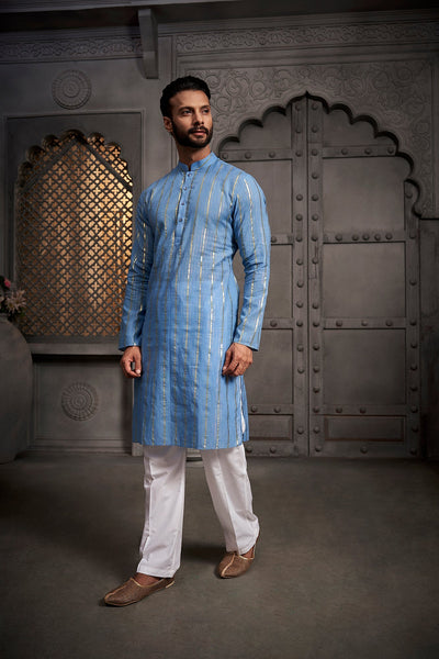 Light Blue Stripes Cotton Weave Kurta