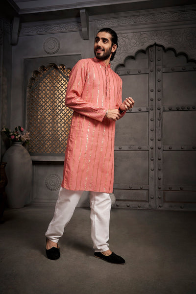 Peach Stripes Cotton Weave Kurta