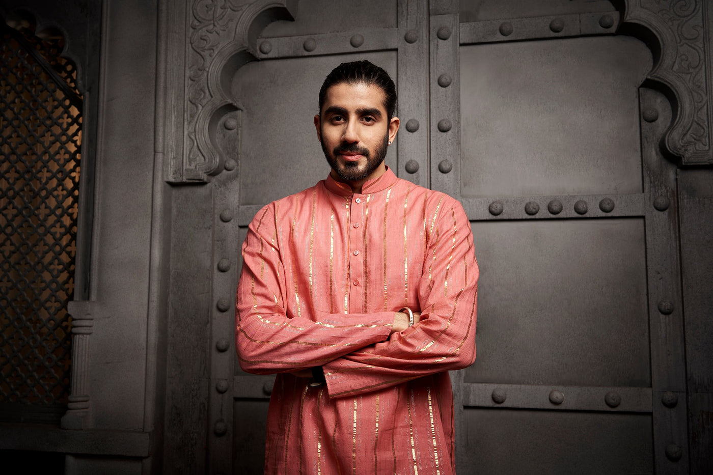 Peach Stripes Cotton Weave Kurta