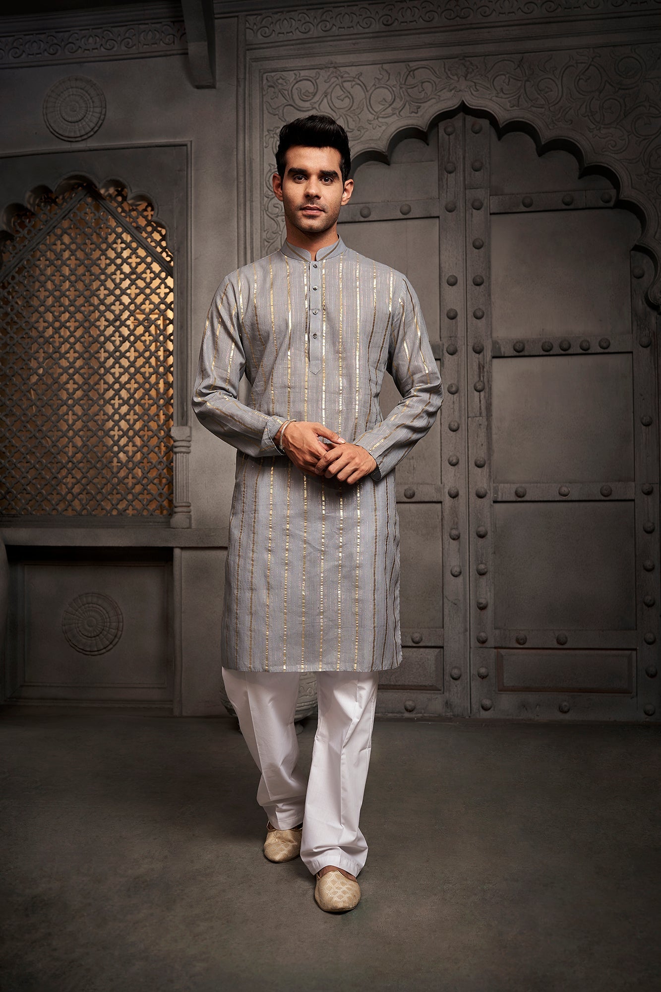 Grey Stripes Cotton Weave Kurta