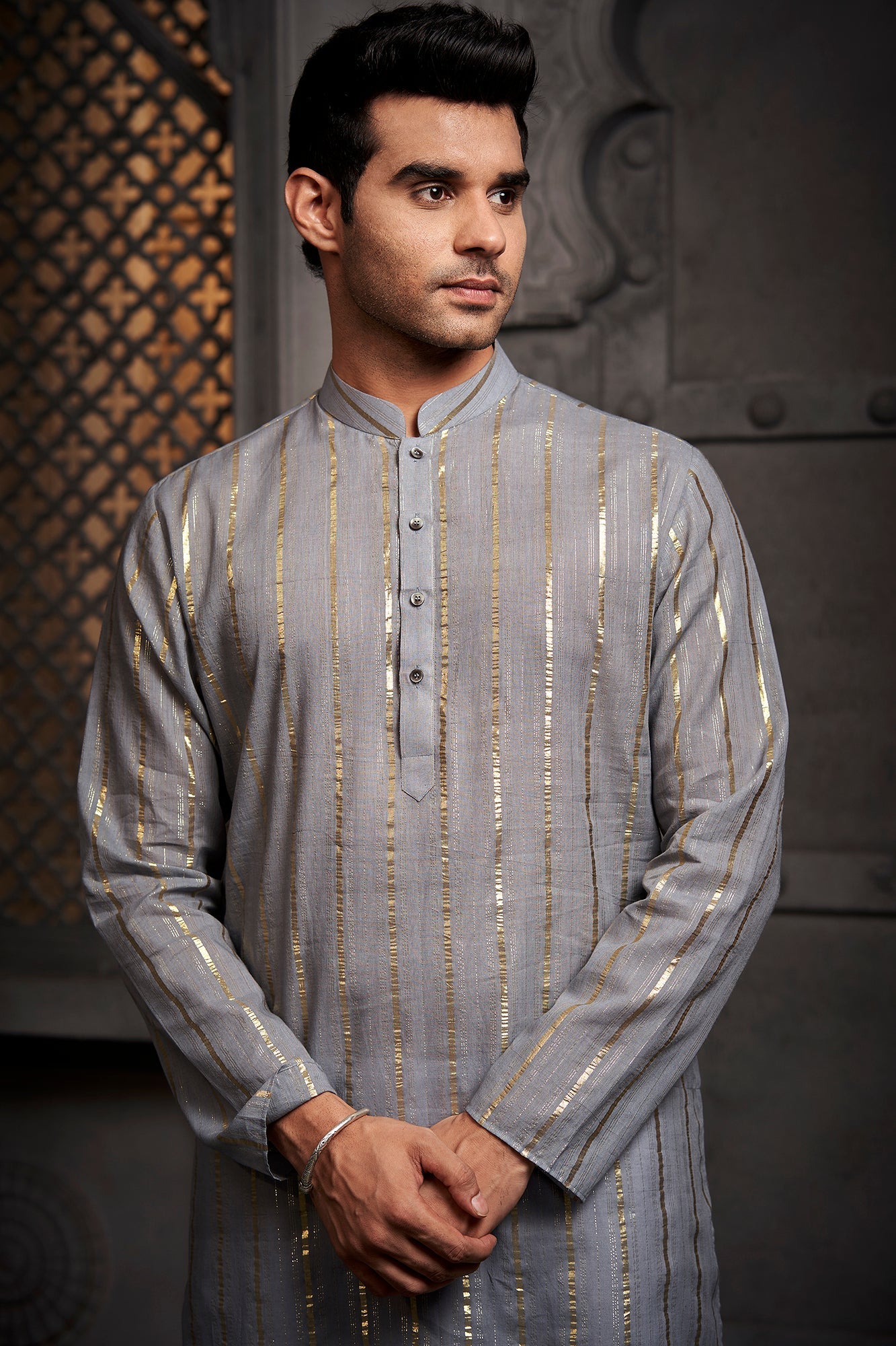 Grey Stripes Cotton Weave Kurta