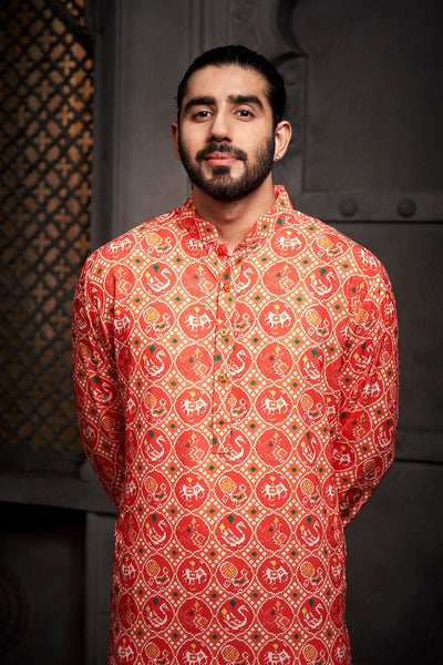 Orange Cotton Print Kurta