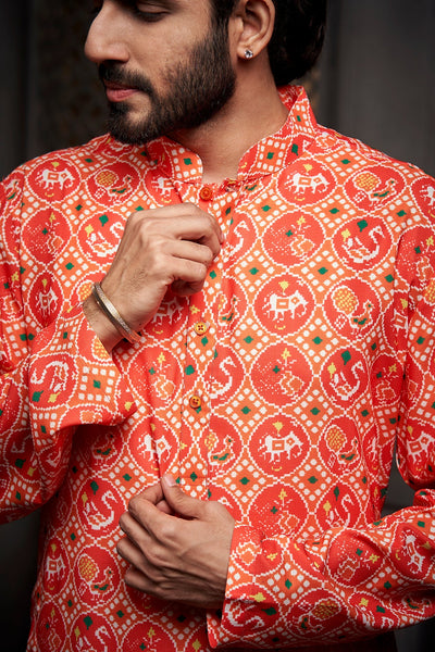 Orange Cotton Print Kurta
