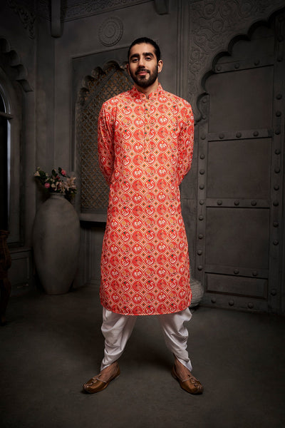 Orange Cotton Print Kurta