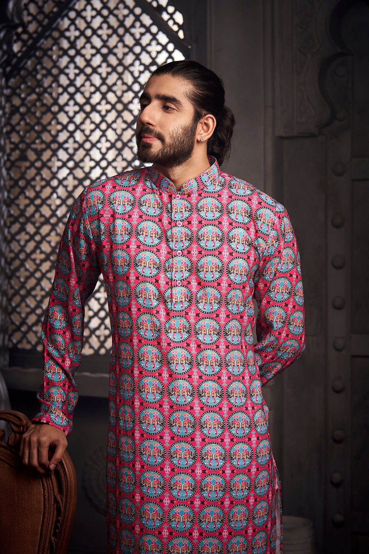 Dark Pink Elephant Cotton Print Kurta