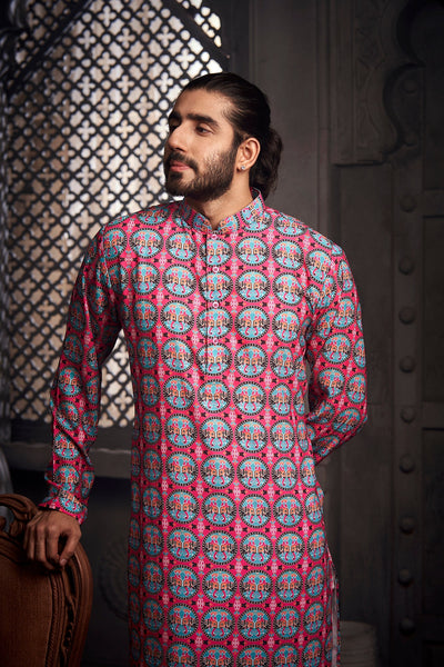 Dark Pink Elephant Cotton Print Kurta