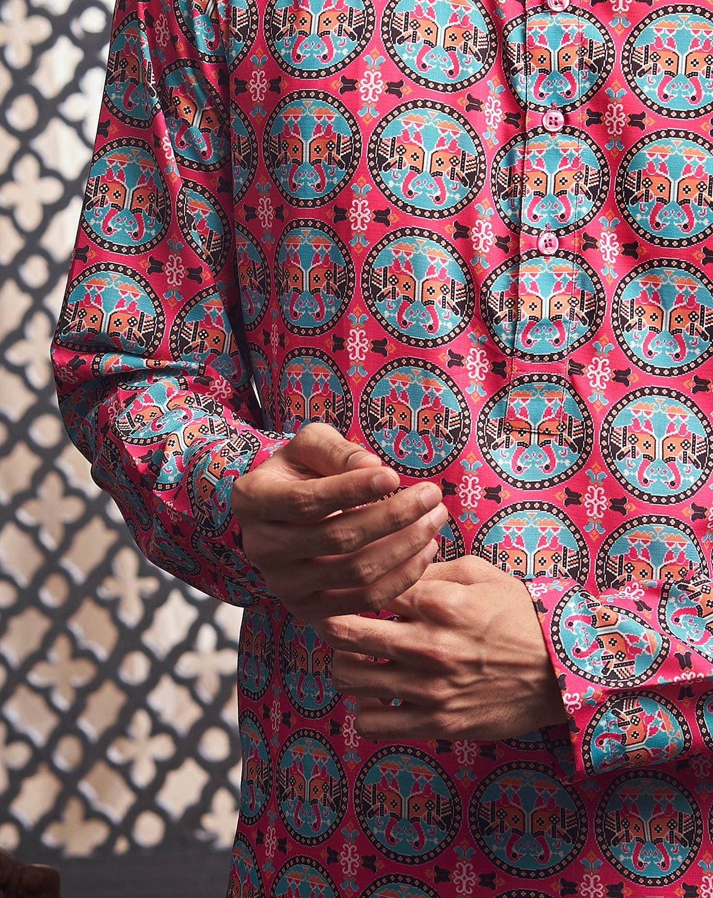 Dark Pink Elephant Cotton Print Kurta