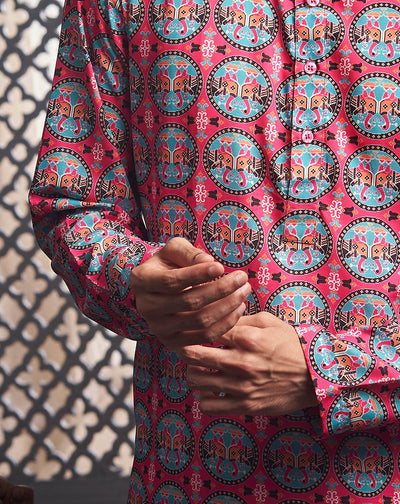 Dark Pink Elephant Cotton Print Kurta