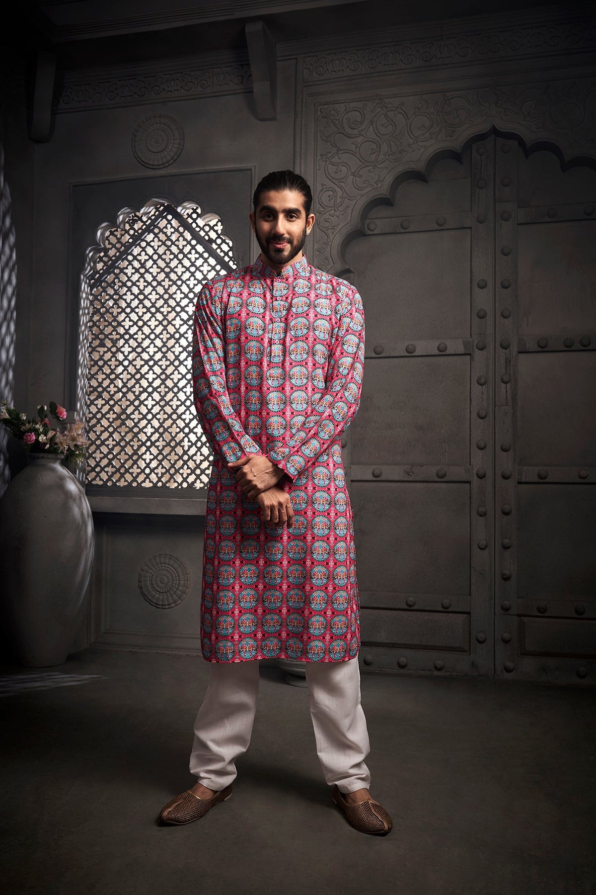 Dark Pink Elephant Cotton Print Kurta