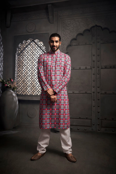 Dark Pink Elephant Cotton Print Kurta