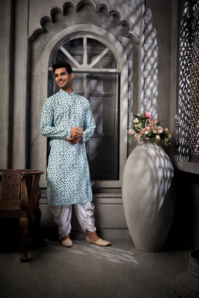Turquoise Blue Cotton Print Kurta