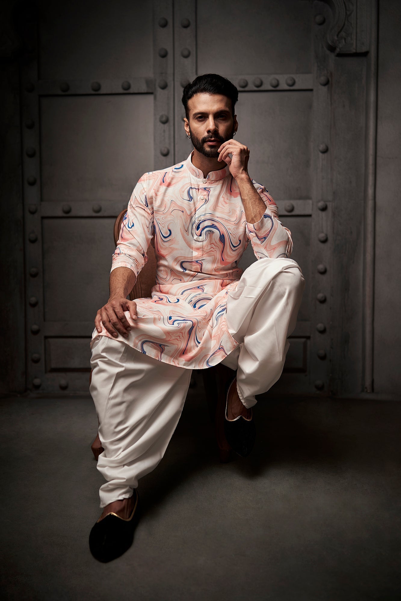 White and Peach Abstract Cotton Print Kurta