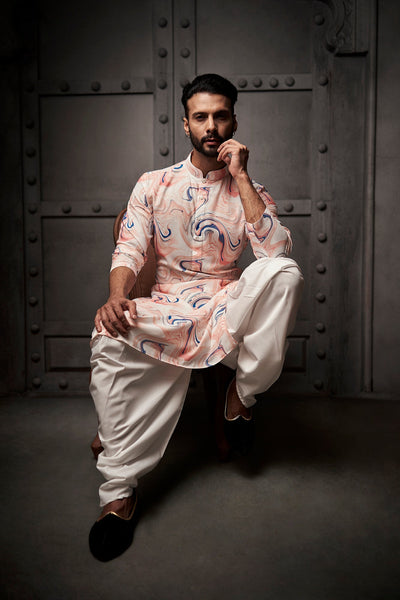 White and Peach Abstract Cotton Print Kurta