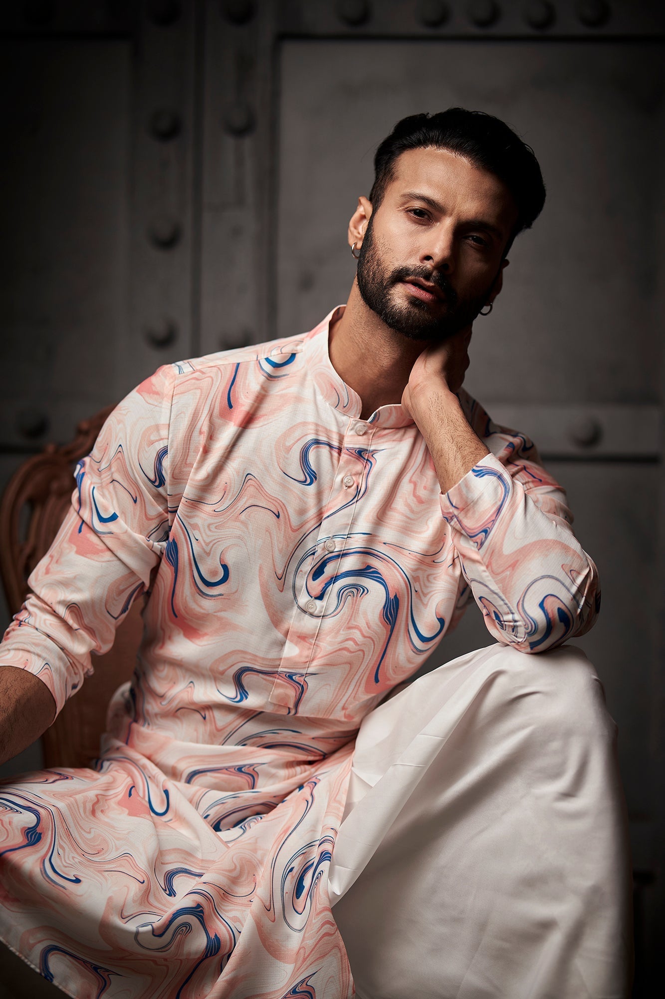 White and Peach Abstract Cotton Print Kurta