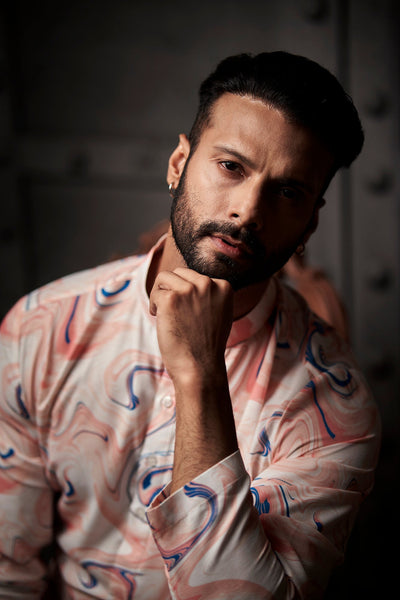 White and Peach Abstract Cotton Print Kurta